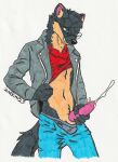 anthro biped black_body black_fur bodily_fluids bottomwear clothed clothing clothing_lift cum denim denim_bottomwear denim_clothing eyewear fur genital_fluids genitals glasses gulonine hi_res jack_salem jacket jeans male mammal marten masturbation mustelid musteline pants partially_clothed penile penile_masturbation penis shirt shirt_lift solo topwear zaeryn