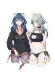  1girl alternate_costume alternate_hair_color animal_ears bell black_bra black_panties blue_eyes blue_hair bra breasts cat_cutout cat_ear_panties cat_lingerie cleavage_cutout closed_mouth clothing_cutout clovisxvii collar commentary_request female_byleth_(enlightened)_(fire_emblem) female_byleth_(fire_emblem) fire_emblem fire_emblem:_three_houses green_eyes green_hair highres hood hood_down large_breasts lion_ears lion_tail medium_hair multiple_views navel neck_bell panties pantyhose simple_background smile sweater tail turtleneck turtleneck_sweater underwear white_background 