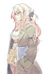  1girl black_ribbon glasses long_coat long_hair looking_to_the_side mabinogi morphidrianas_(mabinogi) multicolored_hair rian_(bdl) ribbon round_eyewear simple_background 