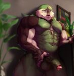 anthro balls black_body black_fur dust_yang foreskin front_view fur genitals green_body green_eyes green_fur green_penis grey_balls hi_res inside looking_at_viewer male male_anthro mouth_closed muscular muscular_anthro muscular_male navel nude one_eye_closed penis solo species_request standing vein veiny_penis white_body white_fur