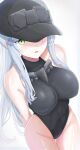  1girl :d absurdres arm_behind_back bare_shoulders baseball_cap black_hat black_leotard blush breasts covered_navel covered_nipples cross facepaint from_above girls&#039;_frontline girls&#039;_frontline_2:_exilium green_eyes groin hair_ornament hairclip hat highleg highleg_leotard highres hk416_(girls&#039;_frontline) iron_cross klukai_(girls&#039;_frontline_2) large_breasts leotard light_smile long_hair looking_at_viewer looking_up open_mouth ponytail smile solo standing swimsuit teardrop thigh_gap thighs uchikata_takeaki very_long_hair white_hair 