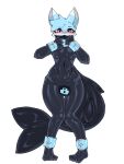 absurd_res anthro aquay ball_gag balls bdsm blue_body blush bondage bound butt chastity_device clothed clothing collar cuff_(restraint) digital_media_(artwork) drone dronification fin fish fur furred_shark gag gagged genitals hair handwear hi_res latex latex_clothing latex_legwear latex_skinsuit legwear lock_bulge lock_symbol male marine null_bulge penile penis pink_eyes restraints rubber_clothing sex shark simple_background skinsuit solo stripes submissive tail tail_fin takanuri tight_clothing