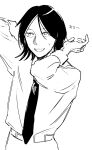  1boy :d belt futsuu_no_keion-bu greyscale hands_up high_contrast highres lineart long_sleeves looking_up male_focus medium_hair monochrome necktie pants parted_bangs rindou_(rnd7120) school_uniform simple_background small_sweatdrop smile solo taguchi_ryuuya upper_body white_background 