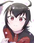  1boy 1girl ahoge black_hair brendan_(pokemon) closed_mouth commentary_request dated falling_petals happy_birthday highres holding looking_up petals pokemon pokemon_adventures red_eyes red_shirt shirt short_hair solo_focus split_mouth tsukimi_(tkm_516) zipper_pull_tab 
