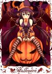  bad_id bad_pixiv_id between_breasts breasts brown_eyes brown_hair candy cleavage demon_wings elbow_gloves food food_themed_hair_ornament gloves hair_ornament hat highres lollipop medium_breasts mouth_hold nanahosi_seiiki original pumpkin pumpkin_hair_ornament shoes sitting sitting_on_object sleeveless striped striped_legwear thighhighs wings witch_hat 