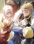  1girl 2boys aged_down alternate_universe belt black_belt black_capelet blonde_hair blue_eyes breasts cape capelet child cleavage crossed_arms dimitri_alexandre_blaiddyd dimitri_alexandre_blaiddyd_(stargazing_lion) dimitri_alexandre_blaiddyd_(young) dress dual_persona earrings edelgard_von_hresvelg edelgard_von_hresvelg_(adorned_eagle) fire_emblem fire_emblem:_three_houses fire_emblem_heroes fur_cape highres jewelry long_hair looking_at_another medium_breasts multiple_boys off-shoulder_dress off_shoulder official_alternate_costume open_mouth purple_eyes red_dress short_hair sitting smile soma_otakuu time_paradox 