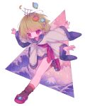  1girl extra_arms floating_headgear food-themed_hair_ornament full_body green_hair hair_ornament headgear highres kanagawa_okinami_ura long_sleeves nizimine_kakoi open_mouth orange_hair_ornament red_eyes running sandals sharp_teeth short_hair socks teeth utau white_poncho wide_sleeves zudzuki 