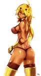  ahoge ass at2. back bare_shoulders blaze_(minecraft) blonde_hair breasts covered_nipples fingerless_gloves from_behind gauntlets gloves highres large_breasts long_hair looking_back minecraft muscle panties personification shiny shiny_skin simple_background smile solo tan thong underwear white_background yellow_eyes 