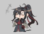  +++ 1boy :d ahoge artist_name black_hair black_hanfu blush chibi chibi_only chinese_clothes closed_eyes english_commentary facing_viewer flute flute_tassel full_body grey_background hair_between_eyes hair_ribbon hands_on_own_hips hanfu holding_jug instrument jug_(bottle) long_hair long_sleeves male_focus minataka94 modao_zushi open_mouth ponytail red_ribbon red_sash ribbon robe sash sidelocks simple_background smile solo standing tassel v-shaped_eyebrows very_long_hair wei_wuxian wide_sleeves 