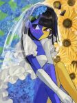  alternate_costume black_hair blue_flower blue_skin blunt_bangs bridal_veil bride colored_skin dress elbow_gloves ena_(ena) ena_(series) ena_(species) eyelashes flower gloves hair_flower hair_ornament highres leaf_hair_ornament long_hair multicolored_skin sad_ena short_sleeves smile split-color_skin usagimarumei veil wedding_dress white_dress white_gloves 