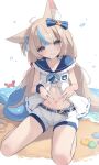  1girl :3 absurdres ahoge animal_ear_fluff animal_ears beach belt belt_buckle bikini bikini_under_clothes blonde_hair blue_belt blue_bikini blue_bow blue_eyes blue_hair blue_nails blue_neckerchief blue_sailor_collar blue_scrunchie blue_tail blunt_bangs blush bow breasts bubble buckle cat_ears closed_mouth collarbone commentary crab dress fang fins fish_girl fish_tail frilled_sailor_collar frills full_body hair_bow highres hiroside indie_virtual_youtuber lifebuoy_hair_ornament long_hair looking_at_viewer low_twintails multicolored_hair nail_polish navel neckerchief one_side_up open_clothes open_dress revision sailor_collar sameko_saba sand scrunchie seashell shell short_shorts shorts sitting skin_fang skindentation sleeveless sleeveless_dress small_breasts smile solo streaked_hair striped_belt swimsuit tail twintails very_long_hair virtual_youtuber wariza water white_background white_dress white_shorts wrist_scrunchie 