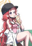  1girl absurdres alternate_costume balenjeong black_hat blue_archive food grey_eyes halo hat highres holding holding_food holding_ice_cream ice_cream ice_cream_cone korean_commentary long_hair mask orange_halo red_hair short_shorts shorts simple_background solo tongue tongue_out unworn_mask waffle_cone white_background yuzu_(blue_archive) 