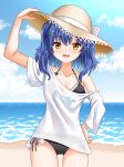  1girl amamiya_kokoro amamiya_kokoro_(7th_costume) ass_visible_through_thighs beach bikini bikini_under_clothes black_bikini blue_hair blue_sky cloud day fang frilled_bikini frills hair_ornament hat highres horizon looking_at_viewer medium_hair nijisanji no_pants ocean outdoors shirt side-tie_bikini_bottom skin_fang sky solo straw_hat sun_hat swimsuit t-shirt tamba_i thigh_gap virtual_youtuber white_shirt x_hair_ornament yellow_eyes 