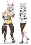  2girls animal_ears breasts brown_pantyhose camisole cat_ears chest_jewel commentary_request full_body grey_hair high_heels highres jacket mio_(xenoblade) mother_and_daughter multiple_girls nia_(xenoblade) official_alternate_costume pantyhose shinae short_hair simple_background skirt small_breasts tank_top white_camisole white_jacket white_skirt white_tank_top xenoblade_chronicles_(series) xenoblade_chronicles_3 yellow_eyes 