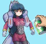  1girl 2boys black_bodysuit black_hair blue_background bodysuit bottle breasts closed_mouth commentary_request covered_navel cropped_jacket gloves highres jacket long_hair long_sleeves machoke medium_breasts multiple_boys pantyhose pink_eyes pokemon pokemon_(creature) pokemon_frlg repel restrained sabrina_(pokemon) side_slit simple_background skirt split_mouth spray_bottle spraying sweatdrop takamame 