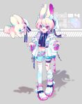  1boy absurdres animal_ear_fluff animal_ear_piercing animal_ears asymmetrical_legwear bandaid bandaid_on_finger bandaid_on_hand bandaid_on_thigh barcode belt black_jacket blue_nails blue_shorts blush bright_pupils commentary cropped_jacket dated_commentary drawstring earrings eyes_visible_through_hair fang full_body grey_background hat hat_with_ears highres jacket jewelry leg_warmers male_focus mismatched_legwear multicolored_nails navel o-ring o-ring_belt open_clothes open_jacket open_mouth original ozureiji pink_belt pink_eyes pink_hair pink_nails qr_code rabbit_earrings rabbit_ears ribbed_leg_warmers shoes short_hair shorts single_leg_warmer single_thighhigh skin_fang smile sneakers solo stuffed_animal stuffed_rabbit stuffed_toy symbol-only_commentary thigh_strap thighhighs trap tsurime w_arms white_hat white_jacket white_leg_warmers white_pupils white_shoes white_thighhighs zipper 