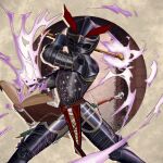  1other absurdres armor black_armor boagnnnnnnn book chain chainmail cowboy_shot cuirass english_commentary fighting_stance gauntlets gothic_plate_armor greaves helm helmet highres legs_apart magic open_book original pauldrons plate_armor shoulder_armor solo standing sword war_hammer weapon wizard 