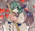  animal_ears blush broom collar dress fang green_eyes green_hair kasodani_kyouko looking_at_viewer mittens miyukisan short_hair smile snow solo standing tail touhou wild_and_horned_hermit 