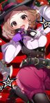  1girl ascot axe belt black_hat black_mask black_pantyhose black_shoes black_vest blush brown_eyes brown_hair commentary doughnut_(smmp4848) forehead gloves hat highres holding holding_mask long_sleeves mask medium_hair noir_(persona_5) okumura_haru open_mouth pantyhose persona persona_5 pink_shirt pink_shorts puffy_shorts purple_gloves red_background shirt shoes shorts smile solo star_(symbol) vest weapon 