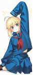  1girl absurdres ahoge arm_up artoria_pendragon_(fate) blonde_hair blue_serafuku blush fate/stay_night fate_(series) green_eyes highres kamisato_sora looking_at_viewer neckerchief red_neckerchief saber_(fate) school_uniform serafuku simple_background sitting skirt sleeves_past_fingers sleeves_past_wrists solo white_background 
