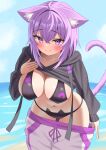  1girl absurdres ahoge animal_ears animal_print bikini black_bikini black_hoodie blue_sky blush breasts cat_ear_bikini cat_ears cat_girl cat_print cat_tail closed_mouth clothes_lift cloud cloudy_sky day highres hololive hood hoodie hoodie_lift kumoru_(kumoru_145) large_breasts leaning_forward long_sleeves looking_at_viewer medium_hair navel nekomata_okayu nekomata_okayu_(1st_costume) outdoors pants pants_lift purple_eyes purple_hair purple_pants purple_tail sky smile solo stomach swimsuit tail thighs virtual_youtuber white_pants 