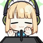  1girl :3 animal_ear_headphones animal_ears animated animated_gif apron aqua_bow aqua_bowtie black_dress blonde_hair blue_archive blunt_bangs blunt_ends blush_stickers bow bowtie cat_ear_headphones cat_ears chibi chunye_haruya closed_eyes closed_mouth collared_dress commission contrast_collar disembodied_hand dot_nose drawing_(action) drawing_tablet dress facing_viewer fake_animal_ears green_eyes green_halo halo headphones lowres maid maid_apron maid_headdress midori_(blue_archive) midori_(maid)_(blue_archive) missing_commentary mundane_utility official_alternate_costume official_alternate_hairstyle ponytail second-party_source short_hair sidelocks simple_background smile solo stylus telekinesis transparent_background upper_body white_apron white_headdress 