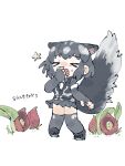  &gt;_&lt; 1girl animal_ears black_hair black_shoes black_vest breasts cabbage chibi chibi_only closed_eyes elbow_gloves fangs full_body gloves grey_gloves grey_shirt grey_skirt grey_thighhighs highres kemono_friends multicolored_hair necktie open_mouth plant pleated_skirt shirt shoes short_hair short_sleeves simple_background skirt skunk_ears skunk_girl skunk_tail solo spotted_skunk_(kemono_friends) standing star_(symbol) tail thighhighs torento translation_request vest white_background white_hair yawning 