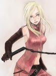  1girl bare_shoulders blonde_hair blue_eyes elbow_gloves final_fantasy final_fantasy_viii flapper_shirt glasses gloves kno_(anahita) long_hair quistis_trepe revision shirt solo striped weapon whip 