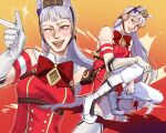  1girl animal_ears armband bare_shoulders belt belt_pouch blunt_bangs boots bow commentary cryptidsock dress ear_bow ear_covers ear_ribbon finger_gun gloves gold_ship_(umamusume) highres horse_ears horse_girl horse_tail horseshoe_ornament long_hair multiple_views o-ring one_eye_closed pants pillbox_hat pointing pouch purple_eyes red_background red_bow red_dress simple_background sleeveless sleeveless_dress smile sparkle squatting tail umamusume white_boots white_gloves white_hair white_pants 