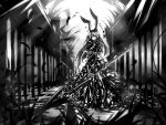  1girl acryl animal_ears blurry blurry_foreground dress frills full_body gloves grass greyscale highres holding holding_weapon long_hair looking_at_viewer monochrome original rabbit_ears solo weapon 