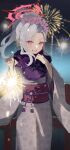  1girl absurdres blue_archive blush floral_print flower fur_collar grin haimaotuanzi hair_bun hair_flower hair_ornament highres holding holding_fireworks japanese_clothes kimono long_hair mutsuki_(blue_archive) mutsuki_(new_year)_(blue_archive) obi official_alternate_costume official_alternate_hairstyle pink_eyes pink_flower red_sash sash smile solo white_hair white_kimono 