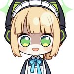  1girl :d animal_ear_headphones animal_ears animated animated_gif apron aqua_bow aqua_bowtie black_dress blonde_hair blue_archive blunt_bangs blunt_ends blush_stickers bow bowtie cat_ear_headphones cat_ears chibi chunye_haruya collared_dress commission contrast_collar disembodied_hand dot_nose dress evil_smile fake_animal_ears green_eyes green_halo halo headphones holding holding_knife knife looking_at_viewer lowres maid maid_apron maid_headdress midori_(blue_archive) midori_(maid)_(blue_archive) missing_commentary official_alternate_costume official_alternate_hairstyle open_mouth ponytail sanpaku second-party_source shaded_face short_hair sidelocks simple_background smile solo transparent_background upper_body white_apron white_headdress 