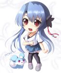  1girl :d absurdres animal_print black_bow black_thighhighs blue_skirt blush bow braid butterfly_print casual chibi chibi_only clenched_hands commentary_request crown_braid eyes_visible_through_hair feathers frilled_sleeves frills full_body hair_between_eyes hair_bow hair_bun hair_ribbon hand_up hidamarinet highres inari_(summer_pockets) long_hair looking_at_viewer miniskirt open_mouth pink_eyes red_eyes red_ribbon ribbon shirt short_sleeves sidelocks simple_background single_hair_bun skirt smile solo sorakado_ao sound_effects standing summer_pockets tareme thighhighs very_long_hair white_background white_feathers white_shirt zettai_ryouiki 