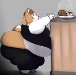 2013 anthro barefoot belly belly_overhang belly_peeking_out big_belly big_butt bodily_fluids bottomwear brown_body brown_fur brown_hair butt butt_cleavage butt_squish canid canine canis chicken_meat claws clothed clothing countershade_fur countershade_torso countershading domestic_dog fangs fat_arms feet food fur grey_background grin hair herding_dog hi_res huge_belly huge_butt ill-fitting_clothes looking_at_food looking_at_object male mammal meat moobs morbidly_obese morbidly_obese_anthro morbidly_obese_male multicolored_body multicolored_fur obese obese_anthro obese_male overweight overweight_anthro overweight_male pants pastoral_dog paws plate reaching scut_tail shirt short short_male short_tail side_view simple_background smile solo squeeeshie squish steam struggling sweat sweatdrop tail tail_motion tailwag teeth theo_(corpulent_corgi) thick_thighs topwear two_tone_body two_tone_fur welsh_corgi white_body white_fur