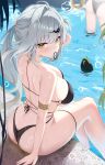  2girls alternate_costume alternate_hairstyle arm_support ass bikini black_bikini blush breasts commentary gold_armlet green_eyes grey_hair hair_ornament hair_tie_in_mouth highres ju_fufu large_breasts long_hair looking_at_viewer looking_back mouth_hold multiple_girls night_known o-ring o-ring_bikini o-ring_top poolside sideboob sitting solo_focus swimsuit tail thigh_strap thighs tiger_tail tying_hair wading water wet yixuan_(zenless_zone_zero) zenless_zone_zero 