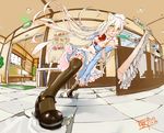  animal_ears black_legwear breasts broom chitose_shuusui cleavage dress fisheye foreshortening green_eyes indoors maid mary_janes medium_breasts original perspective shoe_dangle shoes solo thighhighs tiles white_hair 