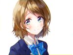  1girl blue_jacket blue_ribbon blush brown_hair commentary_request jacket koizumi_hanayo looking_at_viewer love_live! love_live!_school_idol_project medium_hair naarann neck_ribbon otonokizaka_school_uniform pink_eyes ribbon school_uniform shirt smile solo white_background white_shirt 