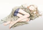  1girl absurdres bare_legs barefoot blonde_hair blue_shorts blush closed_eyes closed_mouth coat crane666 denim denim_shorts eyelashes feet full_body gakuen_idolmaster grey_background highres idolmaster legs long_hair long_legs long_sleeves lying on_ground on_side open_clothes open_coat shinosawa_hiro short_shorts shorts sleeping solo strap_slip toenails toes 