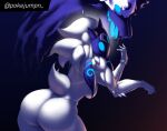 anthro big_butt blue_background blue_eyes blue_markings bovid breasts butt canid canine canis caprine dipstick_ears duo ear_markings empty_eyes female floppy_ears fur hair hi_res kindred_(lol) lamb_(lol) league_of_legends looking_at_viewer looking_back looking_back_at_viewer lop_ears male mammal markings mask multicolored_ears open_mouth pokejumpn purple_body purple_fur rear_view riot_games sheep simple_background spirit tencent thick_thighs white_body white_fur white_hair wide_hips wolf wolf_(lol)