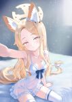 1girl alternate_costume animal_ear_fluff animal_ears armpits bare_arms bare_shoulders blue_archive blush breasts closed_mouth colored_eyelashes extra_ears flower forehead fox_ears fox_girl highres long_hair nightgown pink_eyes rin_(rin0214tw) seia_(blue_archive) sidelocks sitting small_breasts solo thighhighs white_flower white_nightgown white_thighhighs 
