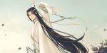  1boy bishounen black_hair chinese_clothes closed_mouth cloud day english_commentary falling_leaves guqin hanfu headband highres holding holding_sword holding_weapon instrument_case lan_wangji leaf long_hair long_sleeves looking_at_viewer male_focus minataka94 modao_zushi outdoors robe shoulder_belt sky smile solo sword tassel topknot tree upper_body very_long_hair watermark weapon white_hanfu white_headband wide_sleeves xiao_guan_(headdress) yellow_eyes 
