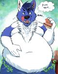 2017 absurd_res alternate_version_at_source anthro belly big_belly biped blue_body blue_claws blue_eyes blue_fur blue_hair bodily_fluids burger canid canine canis cheek_tuft chest_tuft claws clothed clothing dripping eating eating_food english_text facial_tuft fangs fast_food food fur hair half-length_portrait hand_on_belly hand_on_own_belly hi_res holding_burger holding_food holding_object hungry imminent_vore inner_ear_fluff jeans_only licking licking_lips looking_at_viewer love_handles male mammal moan moobs moody_(moody_wolf) multicolored_body multicolored_fur narrowed_eyes obese obese_anthro obese_male overweight overweight_anthro overweight_male portrait rumbling_stomach saliva saliva_drip saliva_on_tongue simple_background solo squeeeshie teeth text thought_bubble tongue tongue_out topless topless_male tuft two_tone_body two_tone_fur white_body white_fur wolf