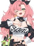  1girl ;d absurdres bangboo_(zenless_zone_zero) bare_shoulders black_jacket black_ribbon blue_nails breasts chawarabi cleavage earrings green_eyes green_nails hair_ornament hair_ribbon hairclip head_tilt heart heart_earrings highres jacket jewelry large_breasts long_hair long_sleeves looking_at_viewer midriff mole mole_on_breast nail_polish navel nicole_demara one_eye_closed open_clothes open_jacket open_mouth pink_hair purple_nails ribbon simple_background smile solo stomach strapless tube_top upper_body very_long_hair white_background zenless_zone_zero 