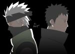  2boys black_background black_coat black_hair closed_mouth coat flak_jacket grey_hair hatake_kakashi headband jacket konohagakure_shinobi_uniform male_focus mask mouth_mask multiple_boys naruto_(series) naruto_shippuuden ninja ninja_mask red_eyes sharingan short_hair simple_background spiked_hair uchiha_obito upper_body zifletts 