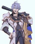  1boy :d absurdres antenna_hair armor baseball_bat black_choker black_gloves black_pants black_shirt blue_cape blue_eyes cape choker coat commentary_request cowboy_shot ddd_zkzk fingerless_gloves gloves highres holding holding_baseball_bat honkai:_star_rail honkai_(series) male_focus neck_tattoo pants parted_bangs pauldrons phainon_(honkai:_star_rail) shirt short_hair shoulder_armor simple_background single_glove single_pauldron smile solo sun_symbol sun_tattoo tattoo thigh_strap white_background white_coat white_hair 