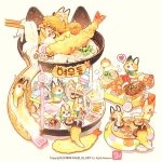  +_+ 2024 ^_^ animal_focus artist_name chopsticks closed_eyes commentary_request cooking copyright_notice faucet food fox heart holding holding_chopsticks korean_commentary kotatsu lamp no_humans noodles original oversized_food oversized_object ramen shop shrimp shrimp_tempura simple_background sink slide sparkle spoken_heart table talbi tempura watermark yellow_background 