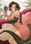  1girl :3 absurdres anjo_nala bare_shoulders black_hair breasts cleavage couch curled_horns dress elbow_gloves feet_out_of_frame gloves green_tail grey_gloves grey_horns hand_on_own_cheek hand_on_own_face hands_up highres holding holding_microphone_stand horns large_breasts lizard_tail long_hair looking_at_viewer low_horns microphone microphone_stand on_couch pink_dress plant purple_eyes reverse:1999 ripshinaide side_slit sitting sleeveless sleeveless_dress solo tail vintage_microphone 