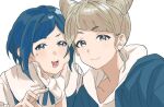  2girls blonde_hair blue_eyes blue_hair cheek_squash closed_mouth collared_shirt commentary_request cone_hair_bun danbara_(ra_danba) diagonal_bangs double_bun frilled_shirt frills fukurai_azami gloves hair_bun hand_on_another&#039;s_face highres hood hood_down hoodie jasmine_(toshi_densetsu_kaitai_center) limited_palette looking_at_viewer multiple_girls open_mouth partially_fingerless_gloves shirt short_hair simple_background smile sweatdrop swept_bangs toshi_densetsu_kaitai_center upper_body white_background white_gloves 
