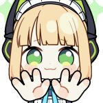  1girl :3 animal_ear_headphones animal_ears animated animated_gif apron aqua_bow aqua_bowtie black_dress blonde_hair blue_archive blunt_bangs blunt_ends blush_stickers bow bowtie cat_ear_headphones cat_ears chibi chunye_haruya closed_mouth collared_dress commission contrast_collar disembodied_hand dot_nose dress fake_animal_ears green_eyes green_halo halo headphones looking_at_viewer lowres maid maid_apron maid_headdress midori_(blue_archive) midori_(maid)_(blue_archive) missing_commentary official_alternate_costume official_alternate_hairstyle ponytail pov reaching reaching_towards_viewer second-party_source short_hair sidelocks simple_background smile solo transparent_background upper_body white_apron white_headdress 