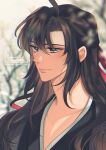  1boy ahoge artist_name bishounen black_hair black_hanfu blurry blurry_background brown_hair chinese_clothes closed_mouth collarbone english_commentary eyelashes grey_eyes hair_between_eyes hair_down hair_ribbon half_updo hanfu highres long_hair male_focus minataka94 modao_zushi official_alternate_hairstyle outdoors portrait red_ribbon ribbon sidelocks smile solo twitter_username upper_body watermark wei_wuxian wei_wuxian_(yiling_laozu) 